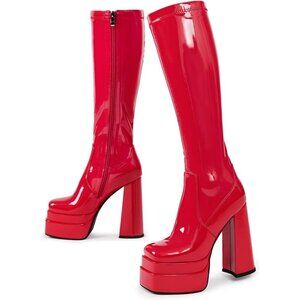 Red Platform Knee High Boots for Women, Chunky Heel, Zipper, Cosplay